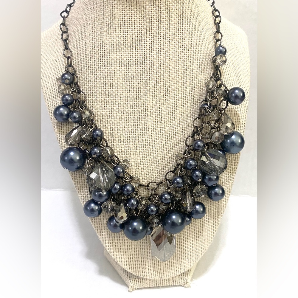 Gunmetal Pearl Beaded Chunky Chain Necklace Grandmillenial Party Maximalist